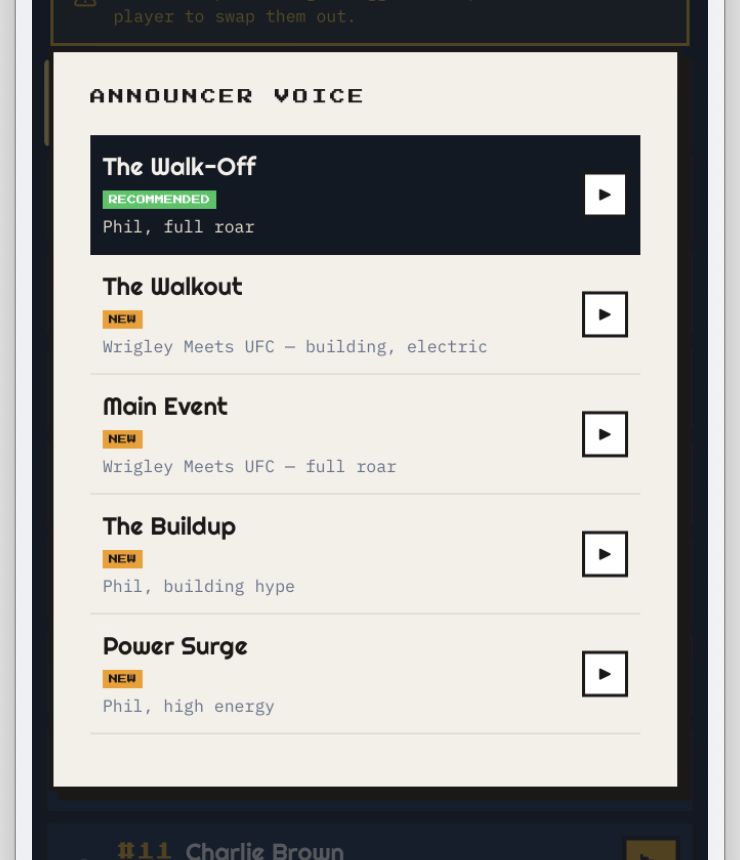 WalkUpSong announcer voice picker with new high-energy hype voices including The Walk-Off