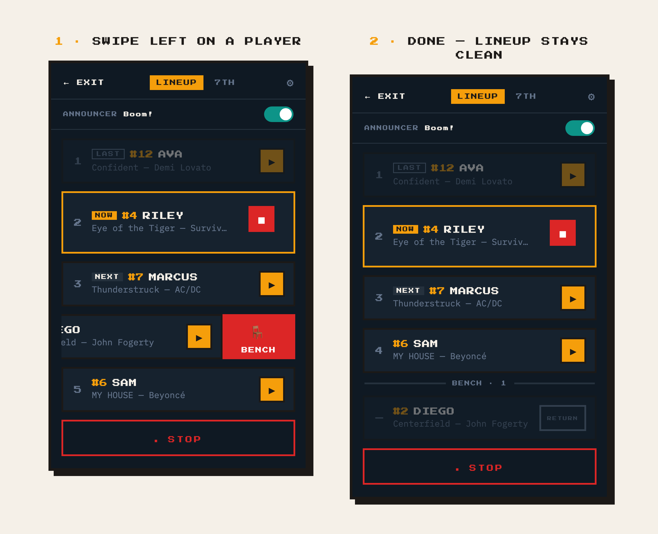 WalkUpSong swipe-to-bench gesture moving a player to the bench without deleting them