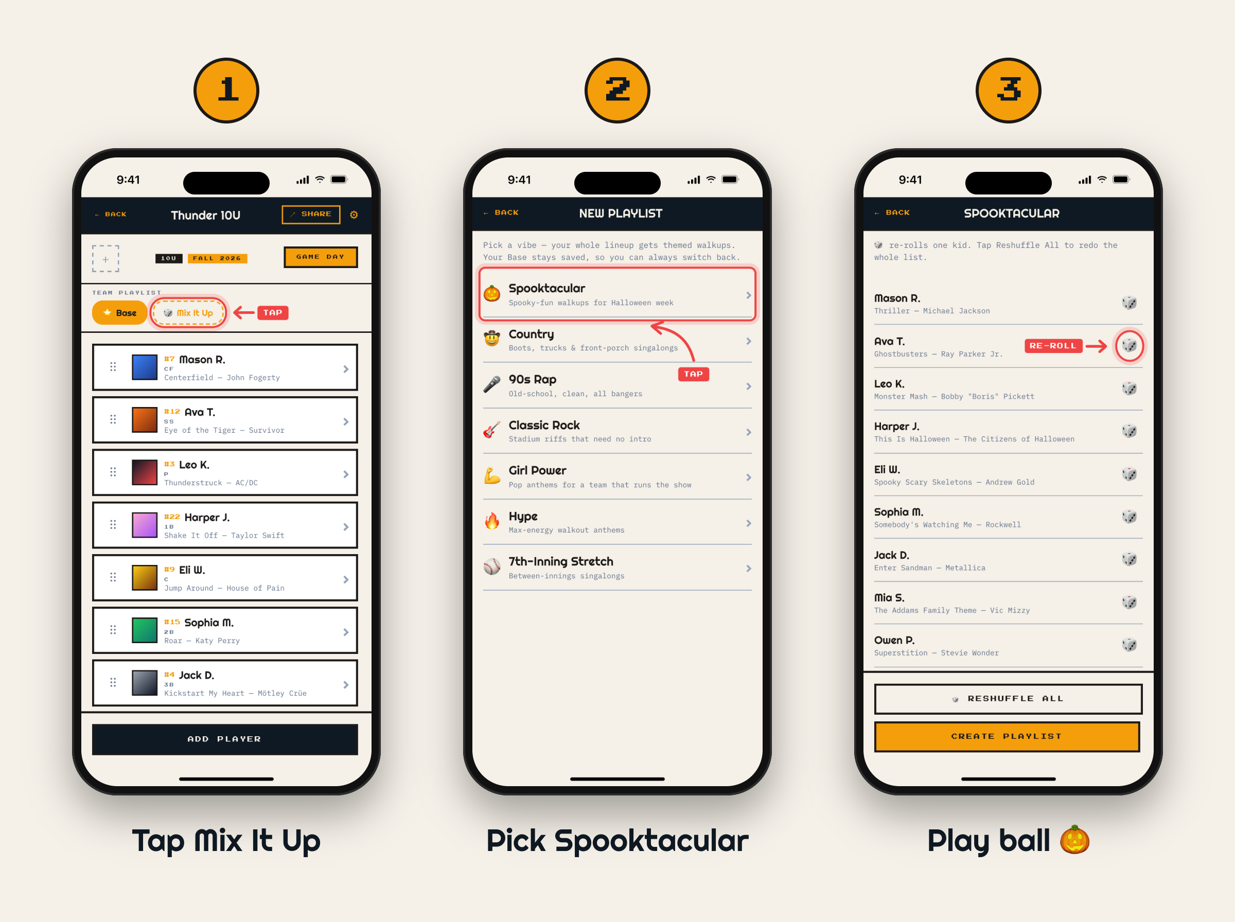 Three WalkUpSong screens: tap Mix It Up, pick Spooktacular, and a lineup with Halloween walk-up songs