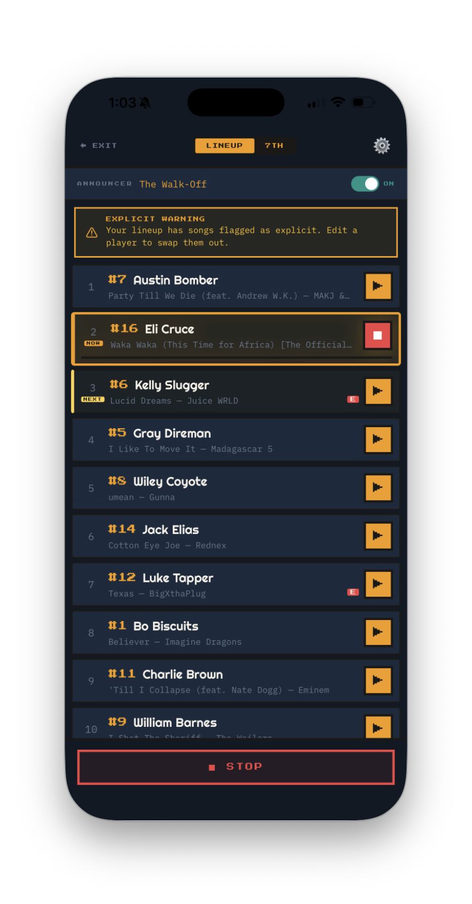 WalkUpSong Game Day lineup with NOW and NEXT tags showing who's batting and who's on deck